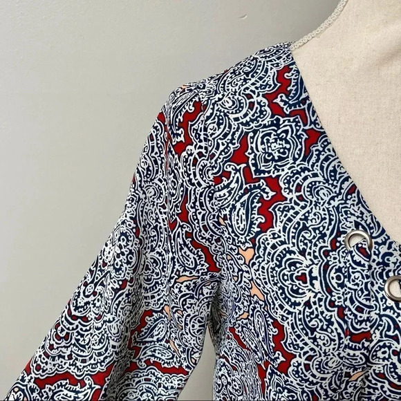Laundry by Shelli Segal Burgundy Navy Print Blouse XS | Lace-Up Fall Top - Picture 4 of 12